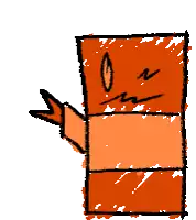 a cartoon drawing of an orange box with a face and a hand