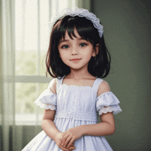 a little girl wearing a white dress and a white headband