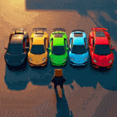a teddy bear is standing in front of a row of cars