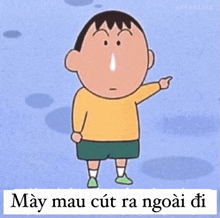 a cartoon of a boy pointing at something with the words may mau cut ra ngoai di underneath him