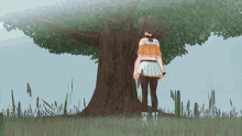 a girl is standing in front of a tree holding a knife