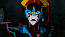 a cartoon drawing of a robot with a red s on her face