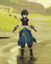 a cartoon character in a black shirt and blue pants is standing in a field .