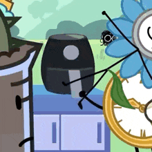 a cartoon character is holding a clock and a flower .