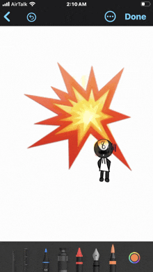 a phone screen shows a drawing of a 8 ball with an explosion behind it