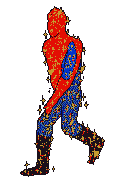 a pixel art drawing of a superhero walking on a white background .