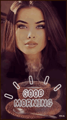a woman with a cup of coffee and the words good morning