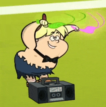 a cartoon character is standing next to a boombox with the time of 12:54