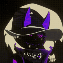 a cartoon drawing of a cat wearing a purple hat