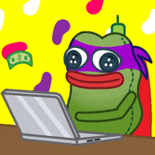 a cartoon of a frog wearing a ninja turtle costume using a laptop