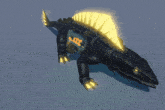a black dinosaur with a yellow tail and a shield on it