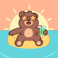 a teddy bear wearing sunglasses and holding a drink is floating on a raft in the water