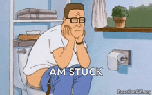 a cartoon of a man sitting on a toilet with his hands on his chin .