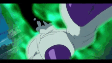 a purple cartoon character is surrounded by green lights