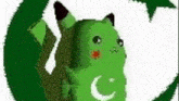 a green pikachu with a crescent moon and star on its chest is in a green circle .