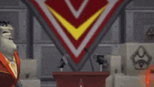 a cartoon character is giving a speech at a podium with boxes in the background .