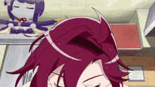 a cartoon character with red hair and a purple doll in the background