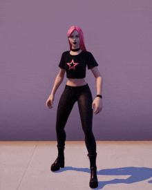 a girl wearing a black shirt with a pink star on it