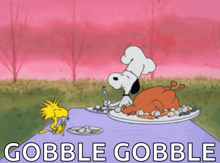 a cartoon of snoopy and woodstock eating a turkey with the words gobble gobble in the background