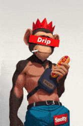a monkey wearing a crown holding a hot dog and a bag that says " packs "