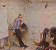 a painting of a man sitting on a bench in a room