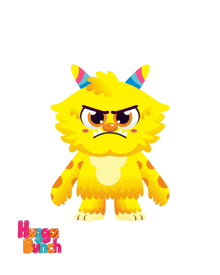 a yellow monster with horns and the words hugga bunch behind it