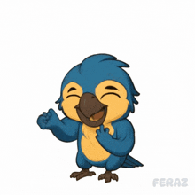 a cartoon drawing of a blue and yellow bird with the words yesssss written above it