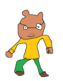 a cartoon drawing of a bear wearing a yellow shirt and green pants