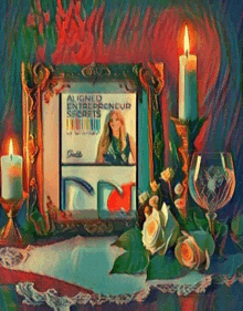 a framed picture of a woman with a book titled aligned entrepreneur secrets