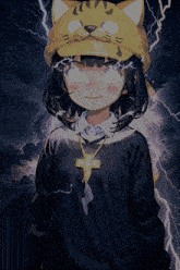 a girl wearing a cat hat with a lightning bolt on her neck