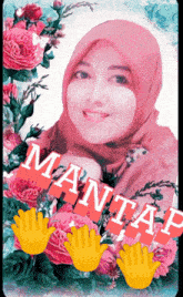 a woman in a hijab is surrounded by pink flowers and the word mantai