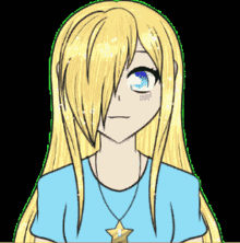 a drawing of a girl with long blonde hair wearing a blue shirt and a star necklace