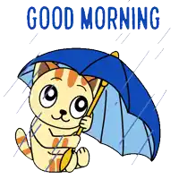 a cartoon cat is holding a blue umbrella in the rain and the words good morning are above it