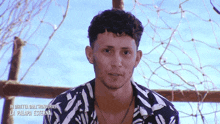 a man in a blue and white shirt stands in front of a fence