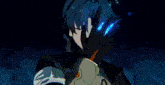 a close up of a person 's face with a blue fire coming out of their eyes .