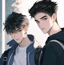 a drawing of two boys with one wearing a white shirt and the other wearing a black jacket