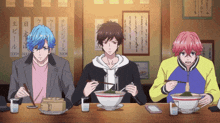 three anime characters are sitting at a table eating food with chopsticks