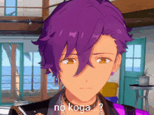 a cartoon character with purple hair and the words no koga on his face