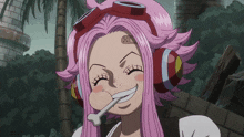 a girl with pink hair has a bandage on her forehead and a bone in her mouth