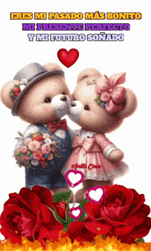 a couple of teddy bears standing next to each other with the words eres mi pasado mas bonito