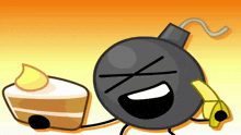 a cartoon bomb holding a piece of cake and a banana