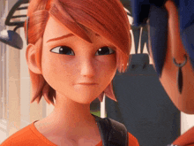 a girl with red hair and freckles looks at a boy with blue hair
