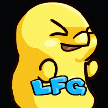 a yellow cartoon character with a blue lfg logo on it
