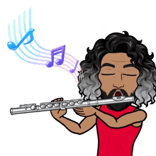 a man with a beard is playing a flute with music notes coming out of it