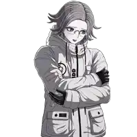 a black and white drawing of a girl with glasses and a jacket that says adidas on it
