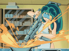 a girl in an apron is holding a gun in a frying pan