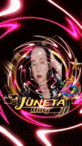a woman 's face is surrounded by pink lights and the words juneta trust