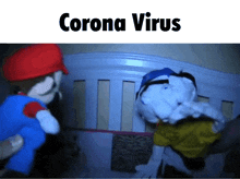 a couple of stuffed animals standing next to each other with the words corona virus written above them