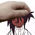 a hand is holding a cartoon character 's head with a white background .