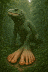 a painting of a dinosaur with giant feet and a pineapple on its head